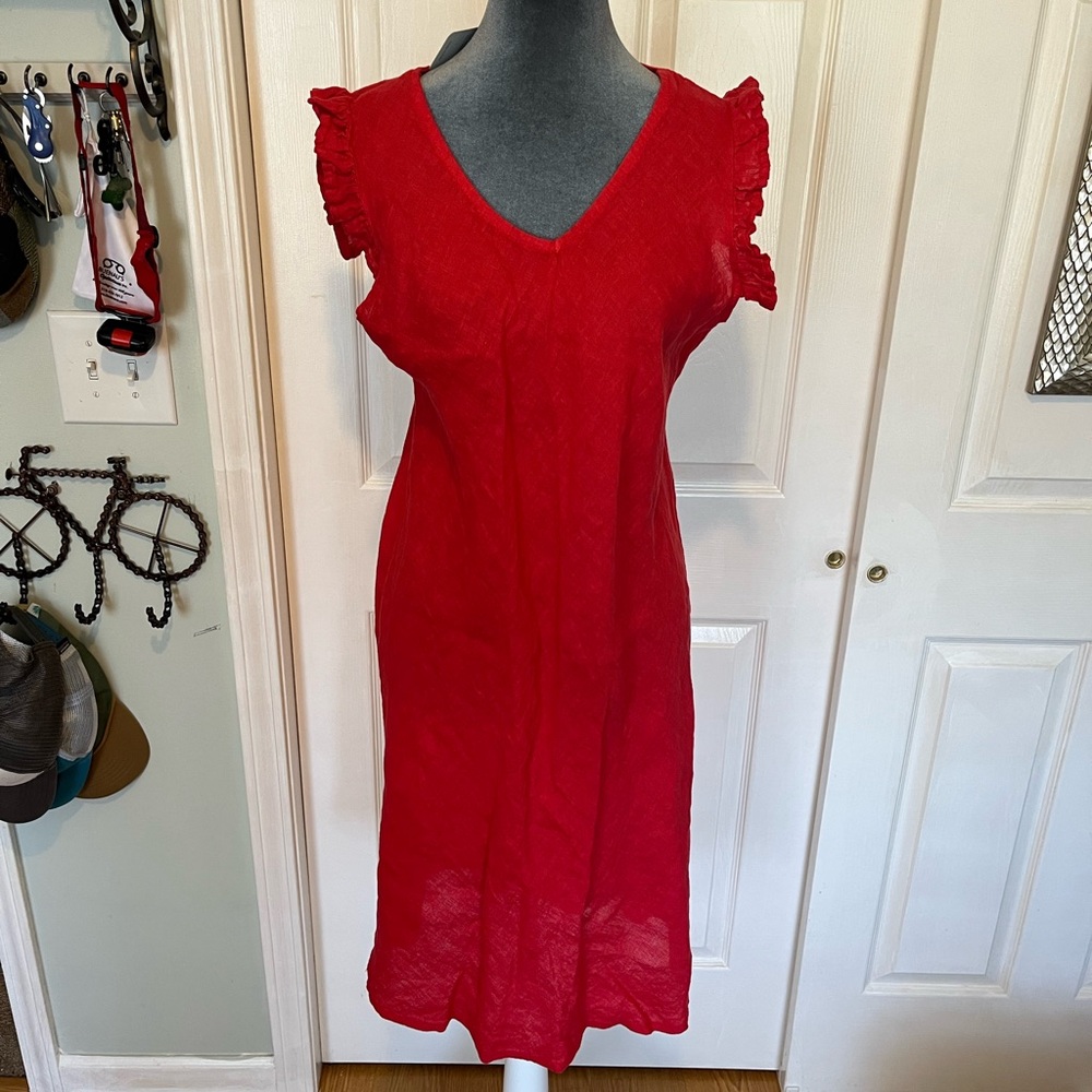 Red Midi Dress with Ruffle Sleeves